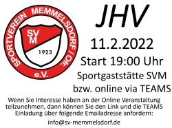 JHV am 11.2.22 um 19:00 Uhr in der SVM Sportgaststätte